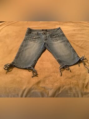 Angels Washed Blue Denim Bermuda Shorts with Side Ties